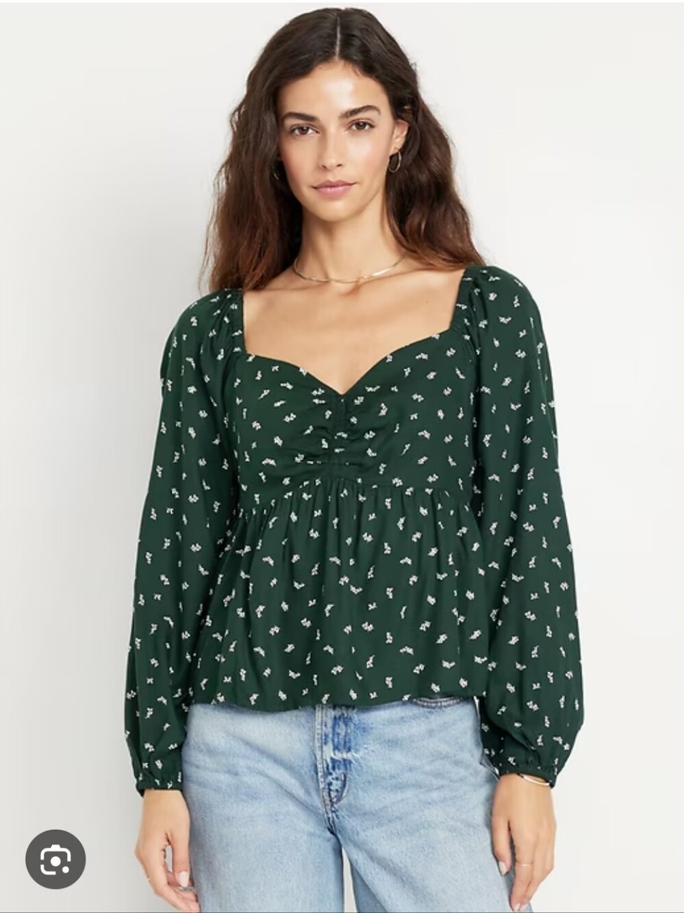 Old Navy Green White Floral Square Neck Milkmaid Peasant Long Sleeve Top Medium